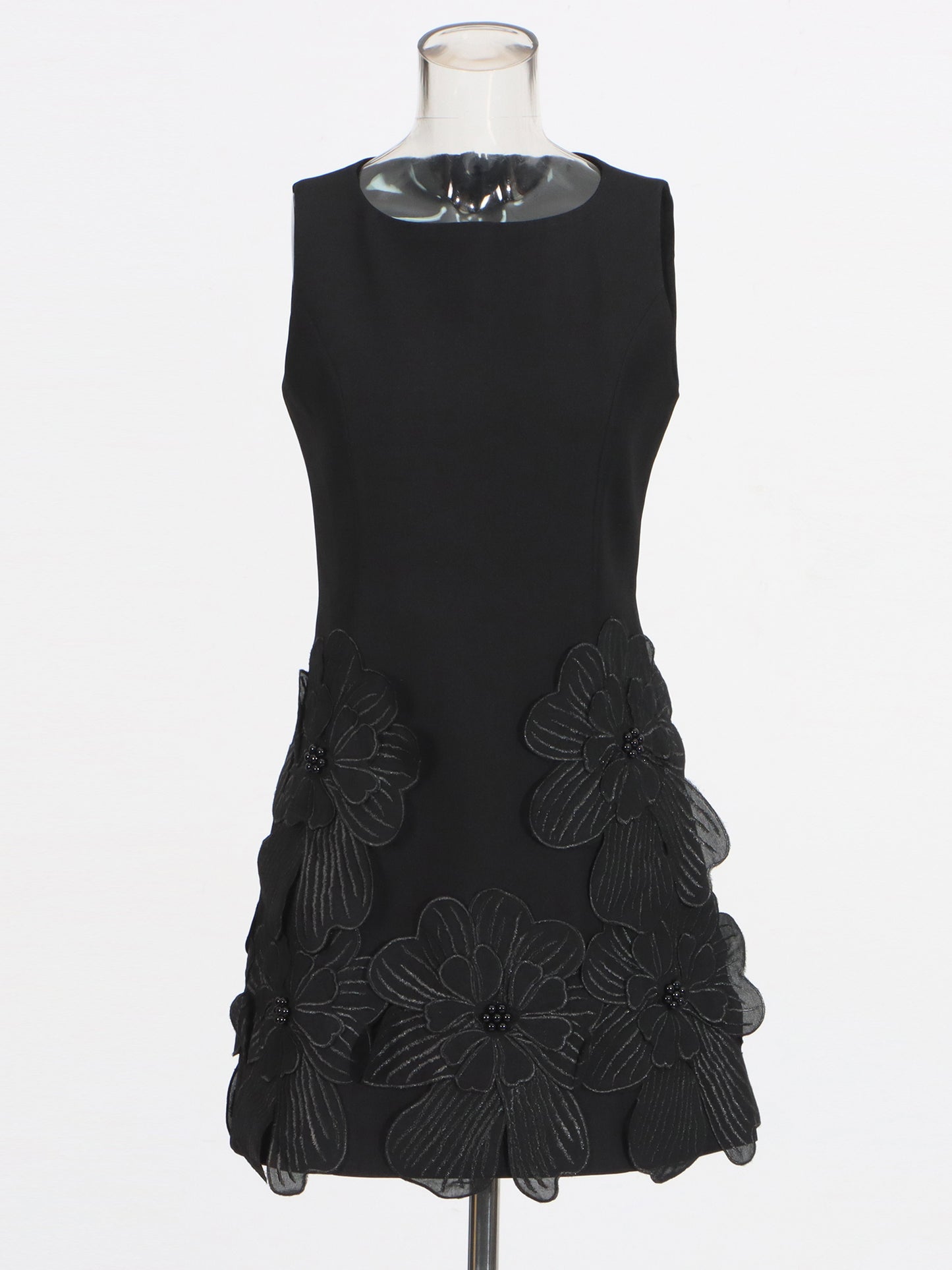 Black Floral Appliqué Sleeveless Mini Dress