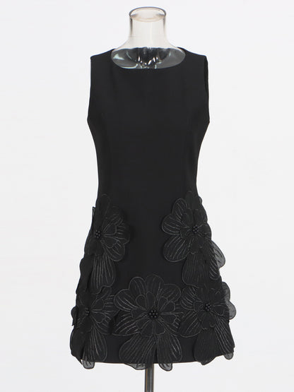 Black Floral Appliqué Sleeveless Mini Dress