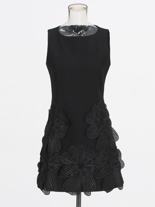 Black Floral Appliqué Sleeveless Mini Dress
