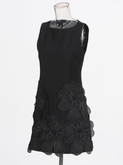 Black Floral Appliqué Sleeveless Mini Dress