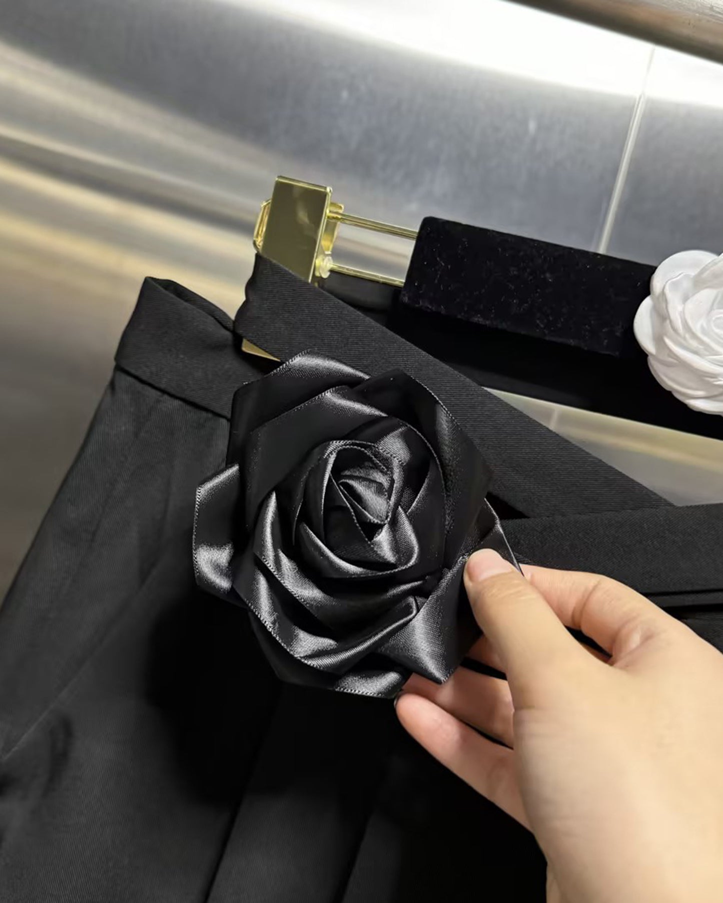 Black Floral Appliqué Wide-Leg Pants