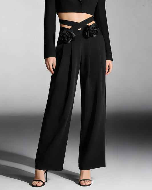 Black Floral Appliqué Wide-Leg Pants
