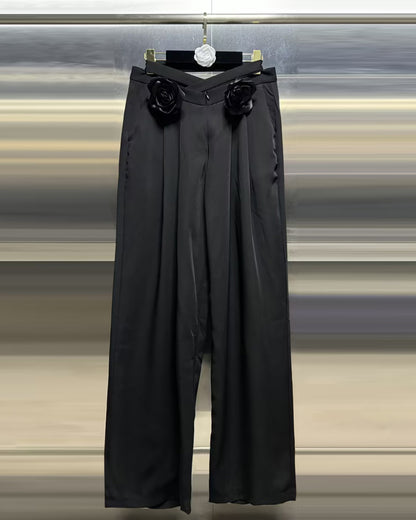 Black Floral Appliqué Wide-Leg Pants