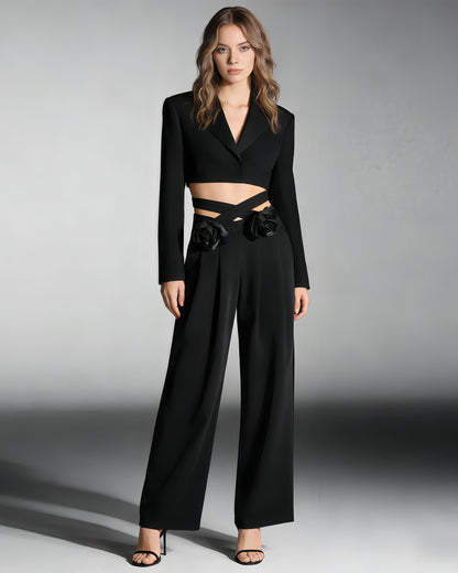 Black Floral Appliqué Wide-Leg Pants