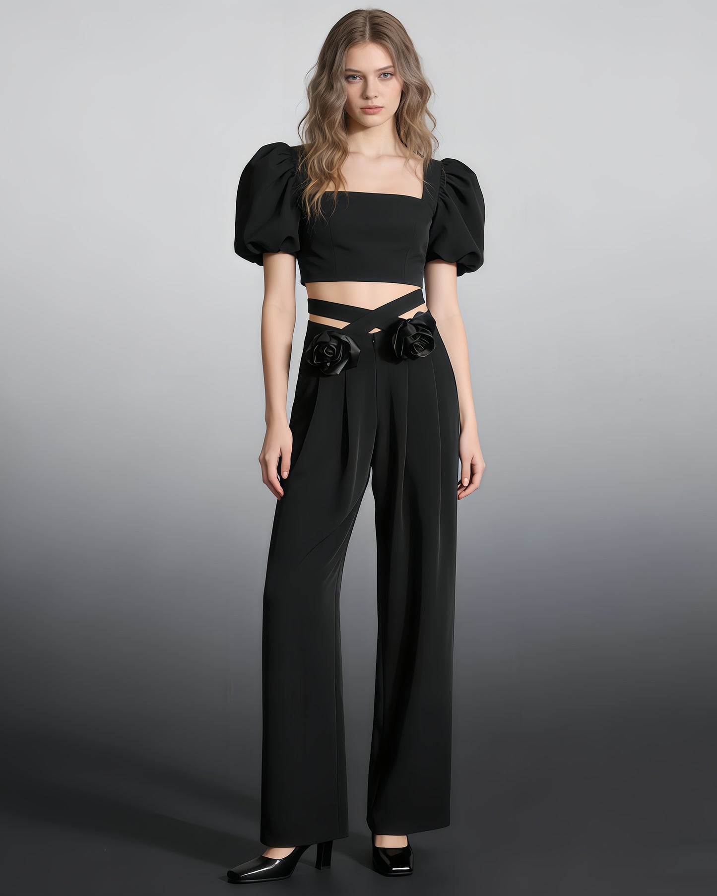 Black Floral Appliqué Wide-Leg Pants
