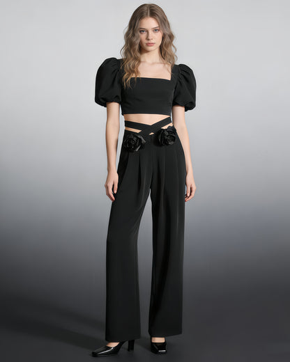 Black Floral Appliqué Wide-Leg Pants