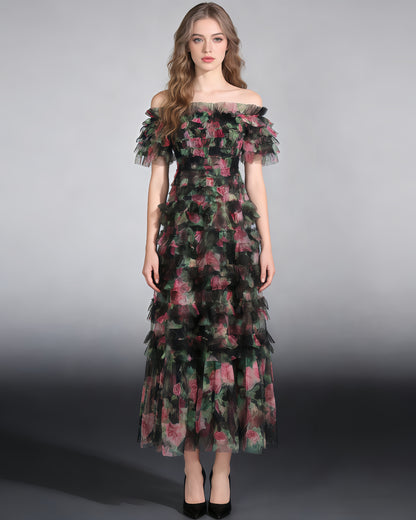 Black Floral Off-Shoulder Ruffled Tulle Maxi Dress