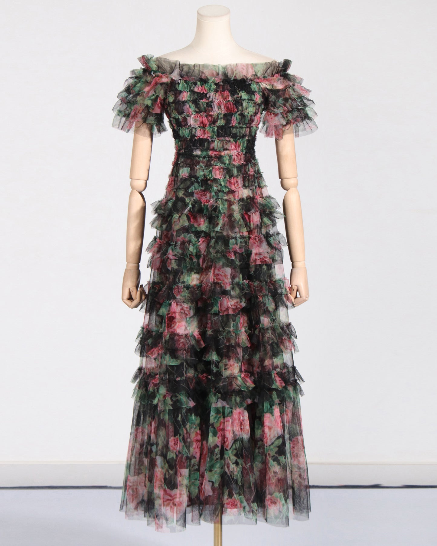 Black Floral Off-Shoulder Ruffled Tulle Maxi Dress