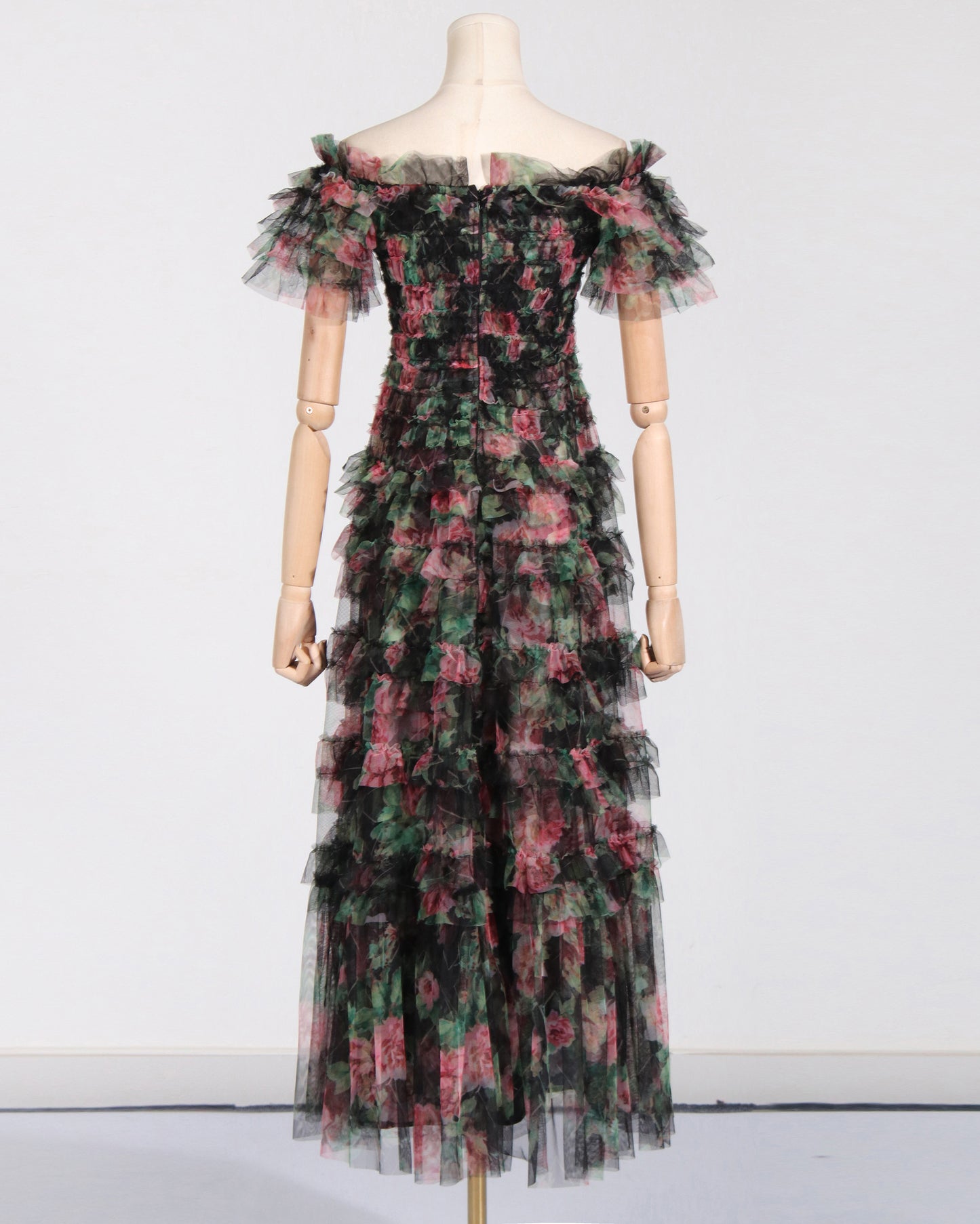 Black Floral Off-Shoulder Ruffled Tulle Maxi Dress