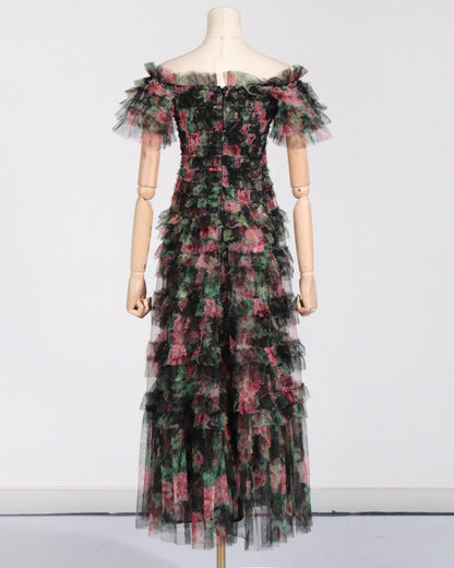 Black Floral Off-Shoulder Ruffled Tulle Maxi Dress