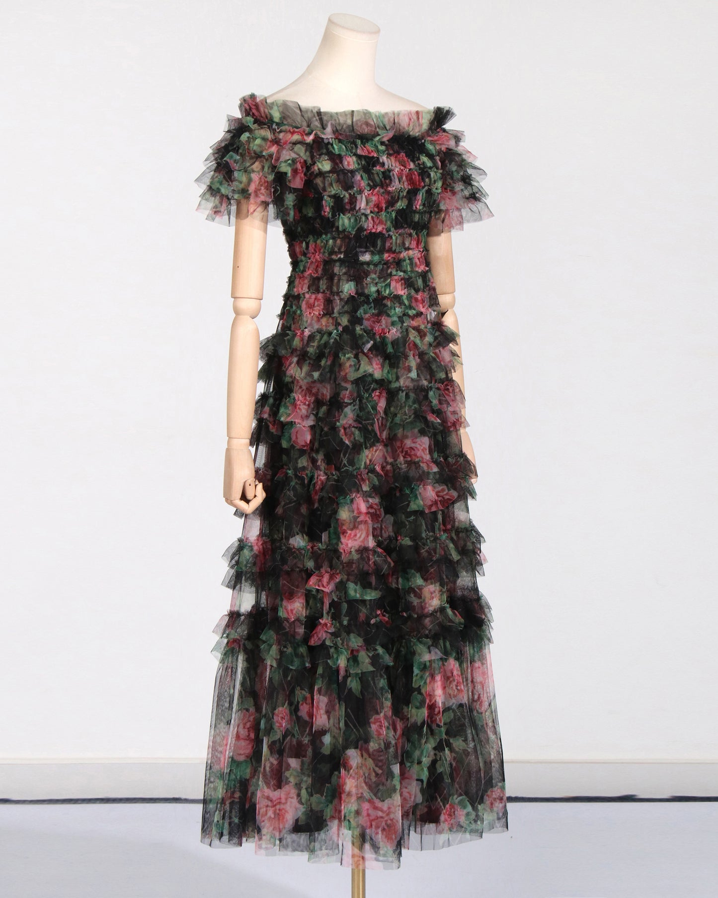 Black Floral Off-Shoulder Ruffled Tulle Maxi Dress