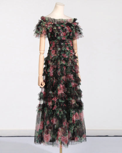 Black Floral Off-Shoulder Ruffled Tulle Maxi Dress