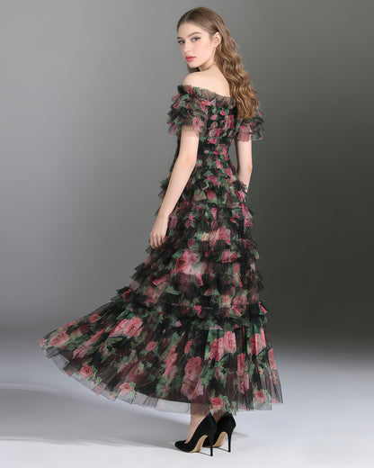 Black Floral Off-Shoulder Ruffled Tulle Maxi Dress