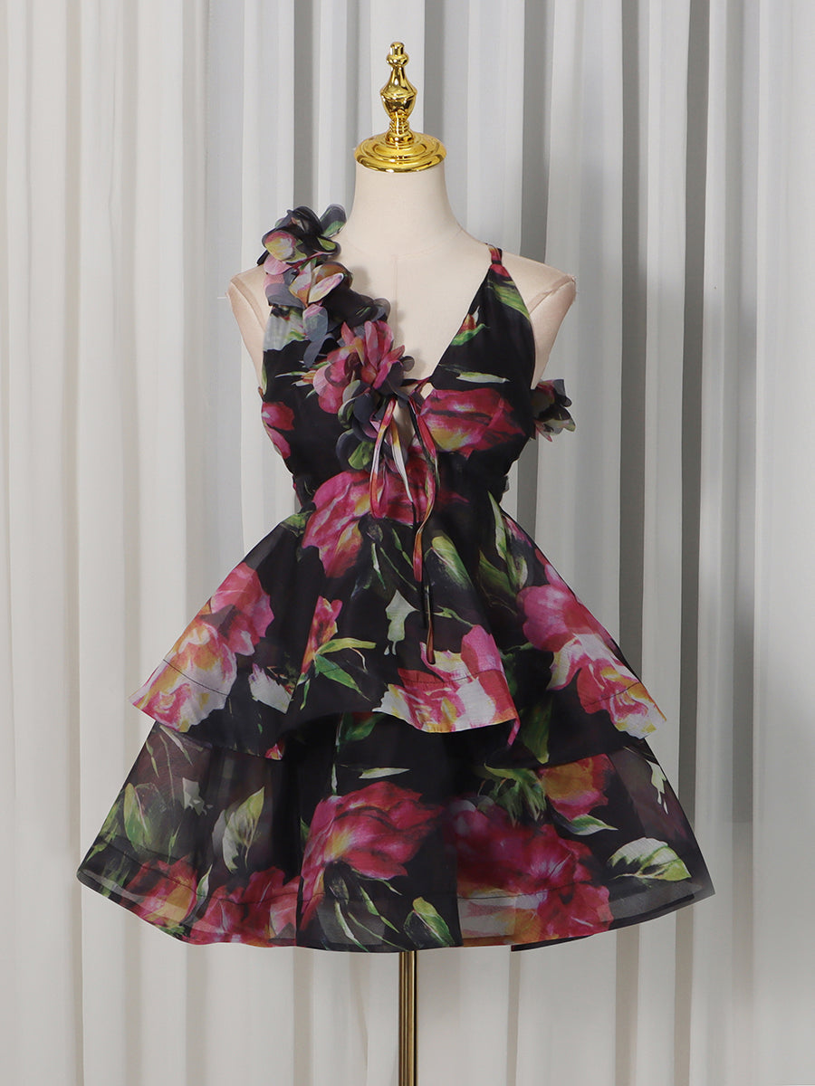 Black Floral Print 3D Flower Ruffle Mini Dress