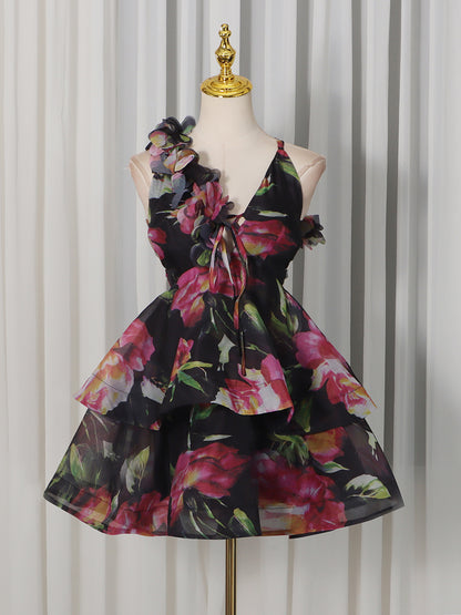 Black Floral Print 3D Flower Ruffle Mini Dress