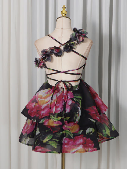 Black Floral Print 3D Flower Ruffle Mini Dress