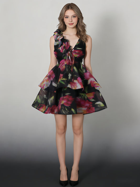 Black Floral Print 3D Flower Ruffle Mini Dress