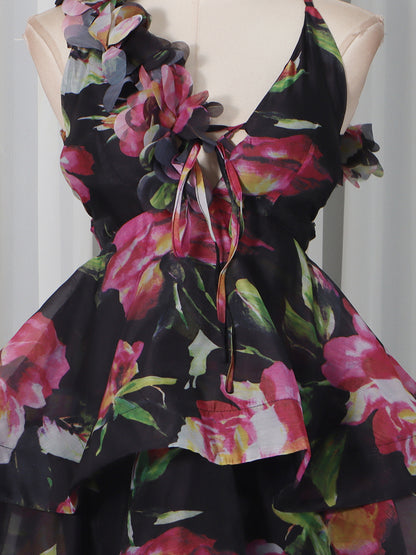Black Floral Print 3D Flower Ruffle Mini Dress