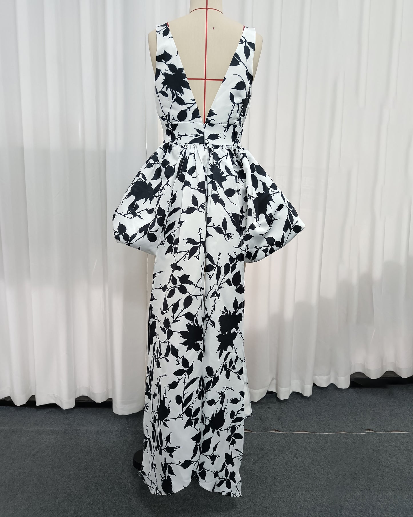 Black Floral Print High-Low Balloon Mini Dress