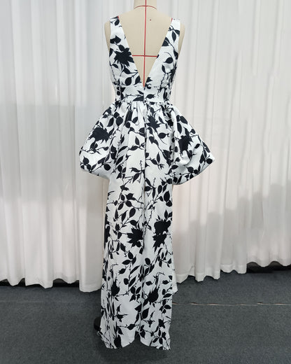 Black Floral Print High-Low Balloon Mini Dress