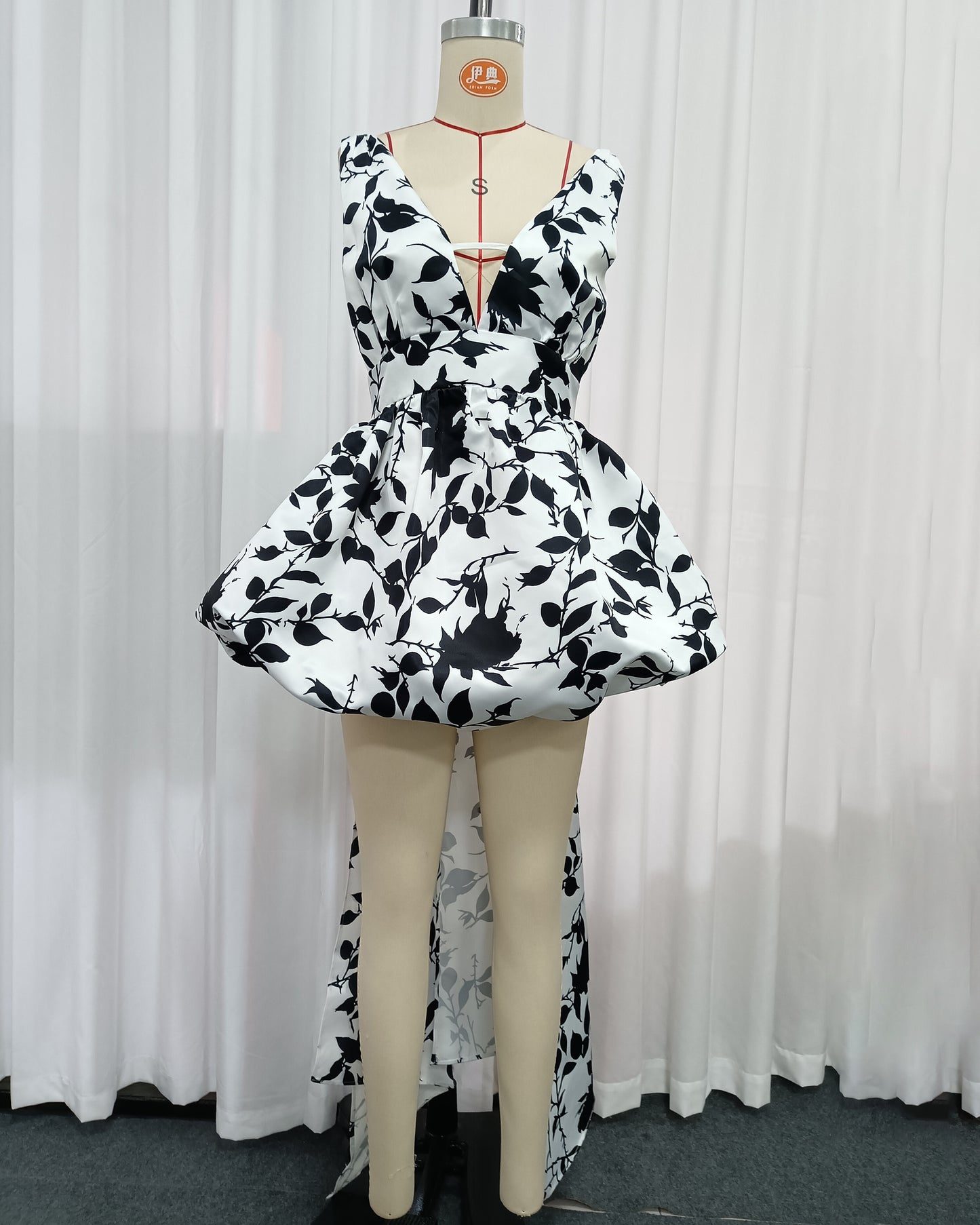 Black Floral Print High-Low Balloon Mini Dress