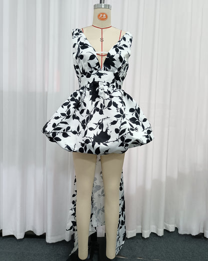 Black Floral Print High-Low Balloon Mini Dress