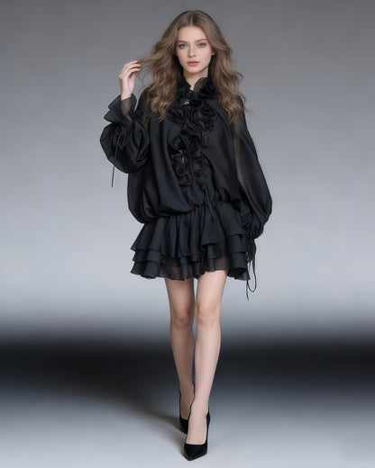 Black Floral Ruffle Mini Dress