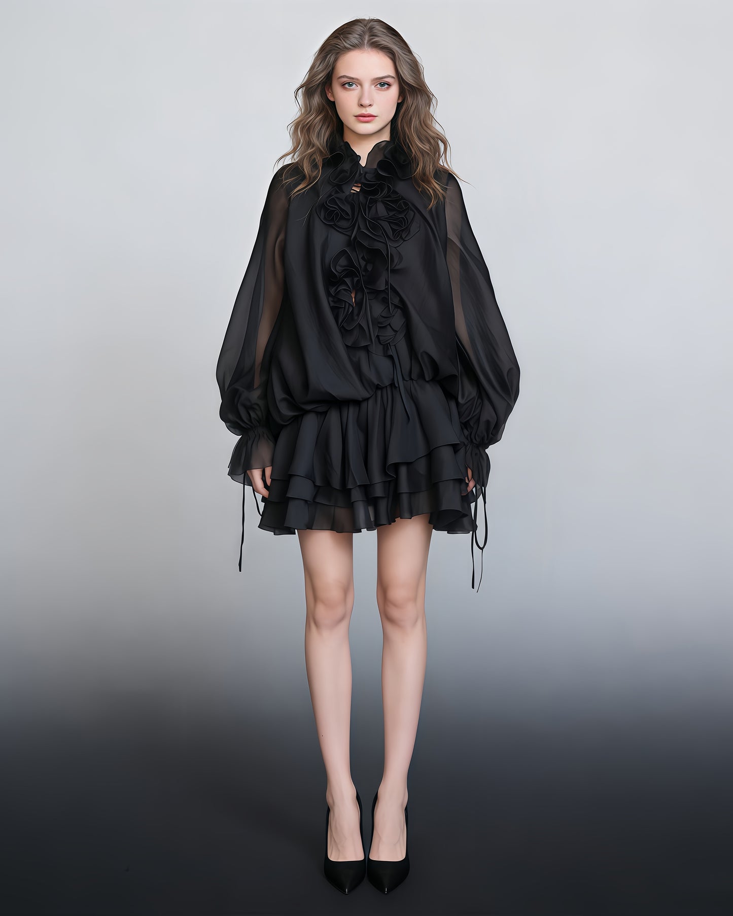 Black Floral Ruffle Mini Dress