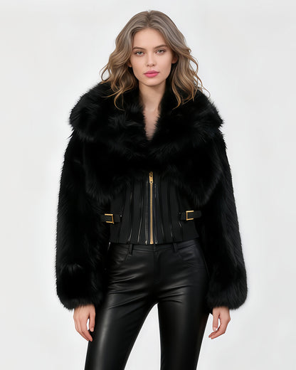 Black Fur Panel Corset Waist Coat with Zipper