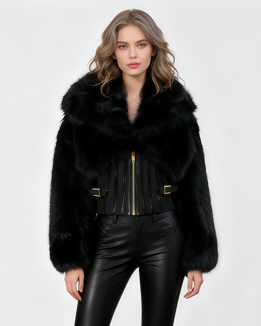 Black Fur Panel Corset Waist Coat with Zipper