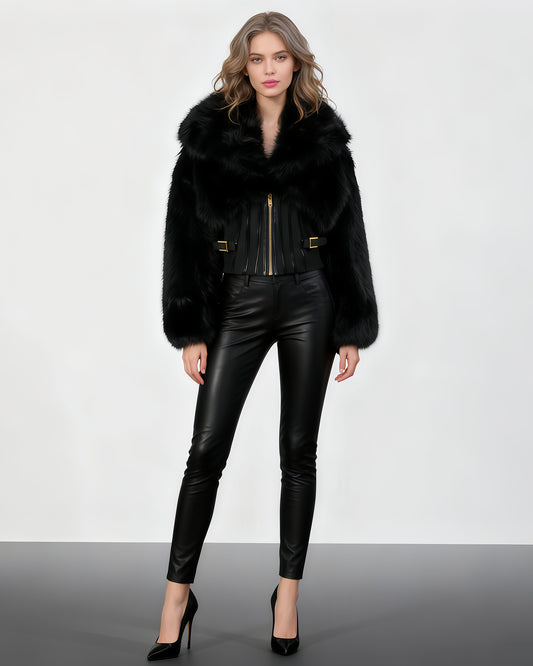 Black Fur Panel Corset Waist Coat with Zipper