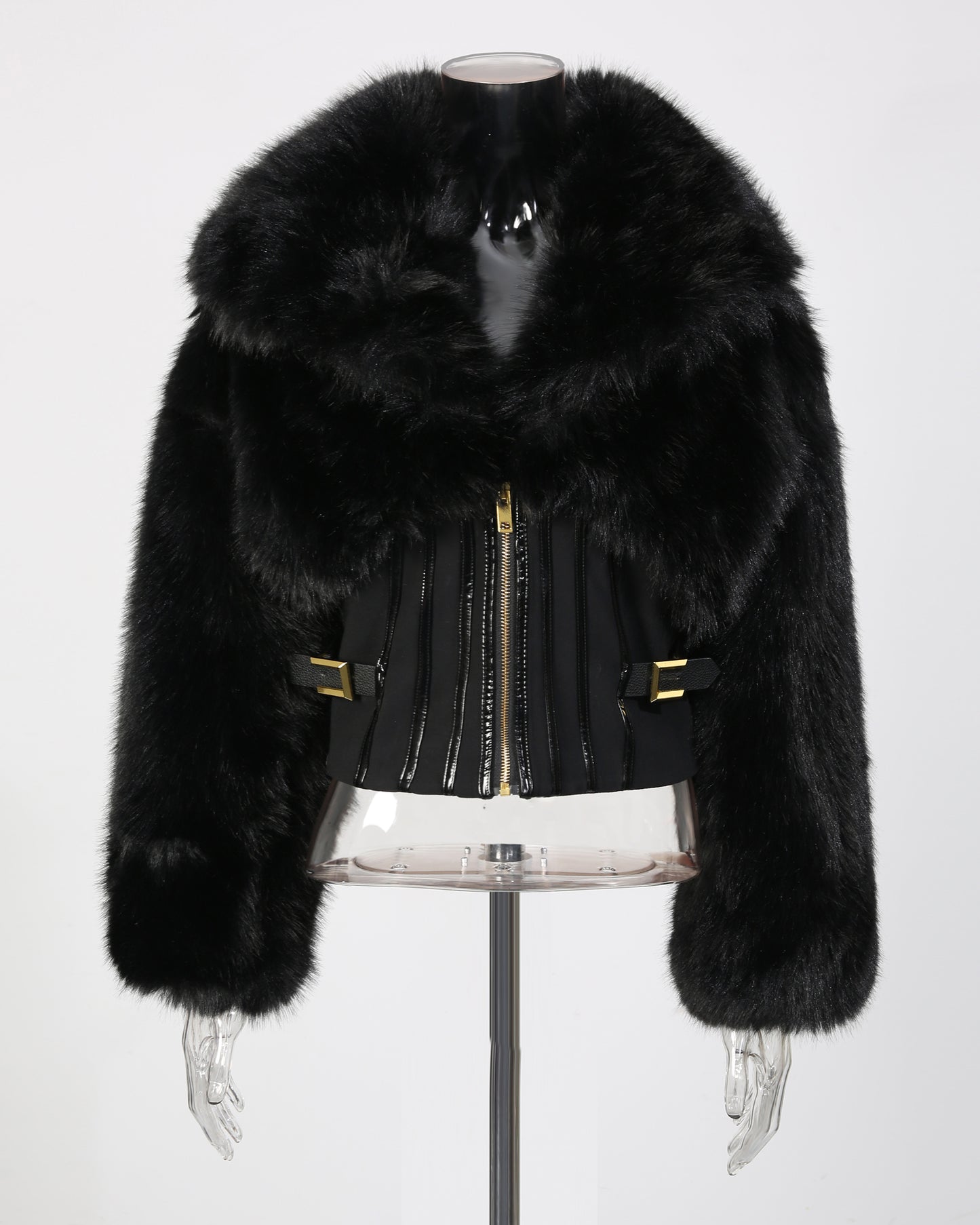 Black Fur Panel Corset Waist Coat with Zipper