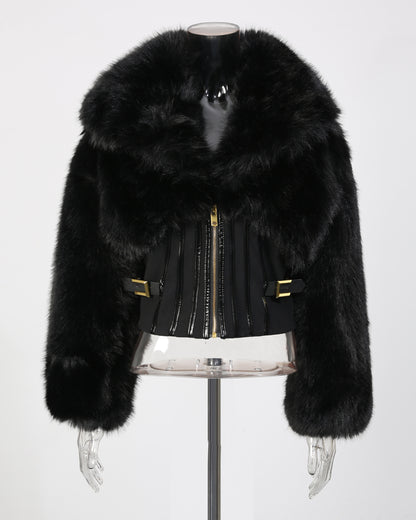 Black Fur Panel Corset Waist Coat with Zipper