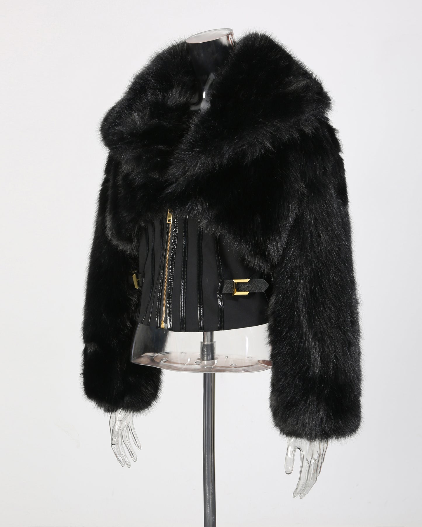 Black Fur Panel Corset Waist Coat with Zipper