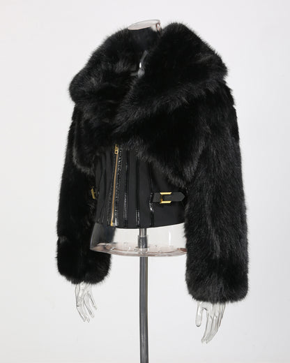 Black Fur Panel Corset Waist Coat with Zipper