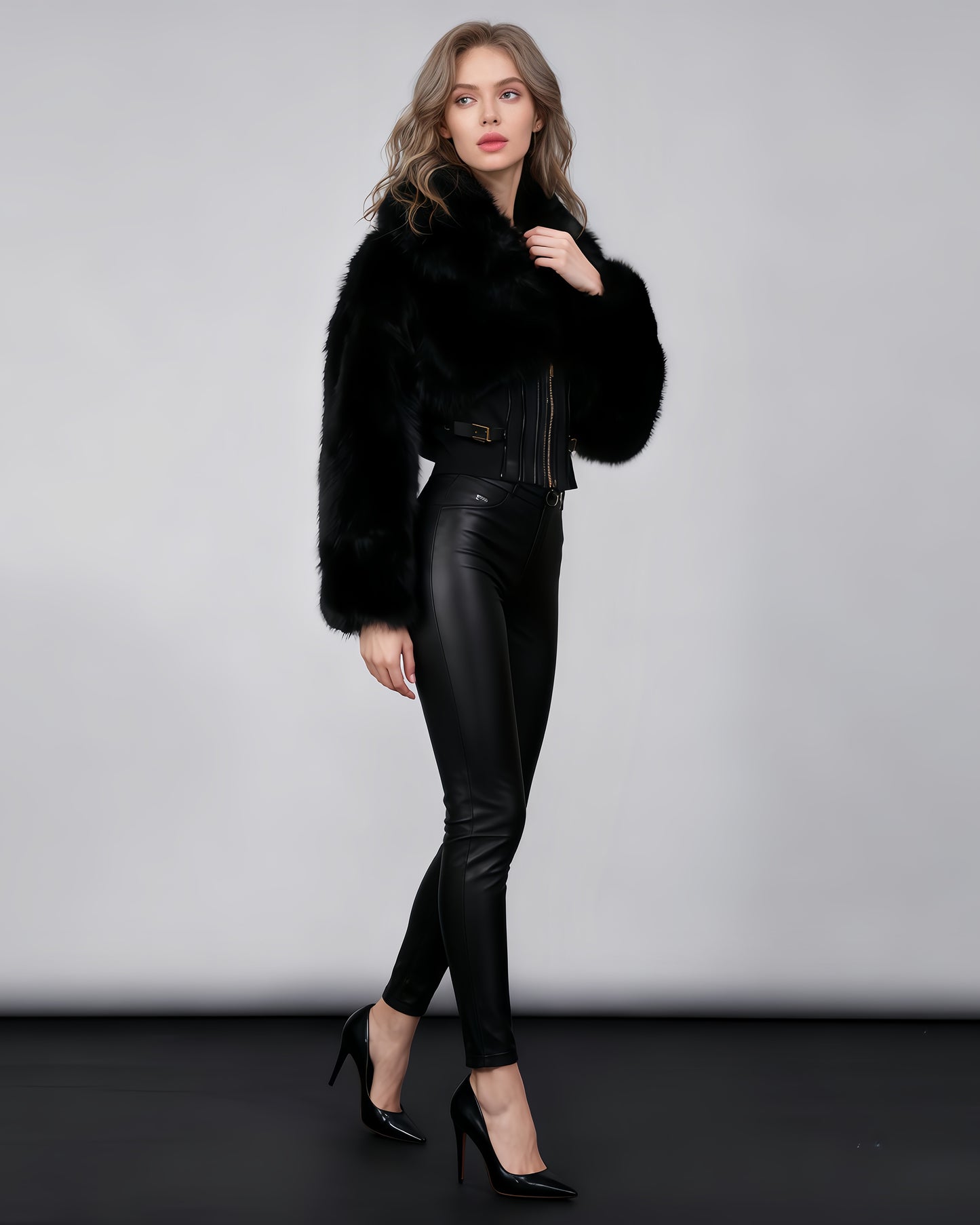 Black Fur Panel Corset Waist Coat with Zipper