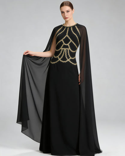 Black Gold Cape Elegant Maxi Dress