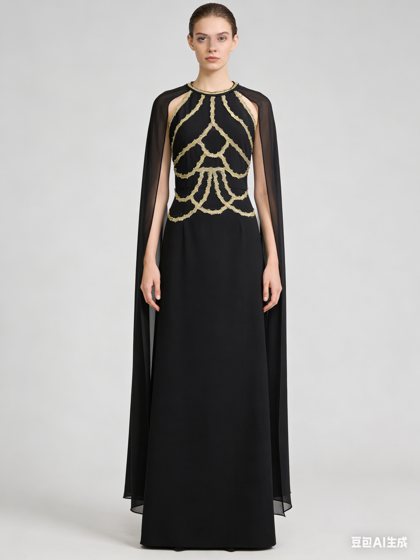 Black Gold Cape Elegant Maxi Dress