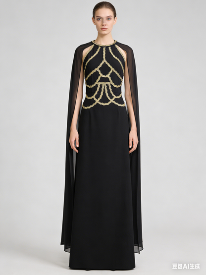 Black Gold Cape Elegant Maxi Dress