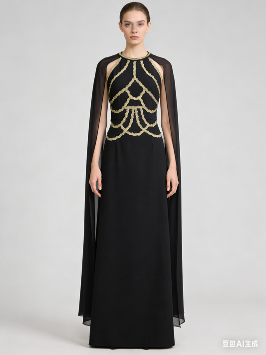 Black Gold Cape Elegant Maxi Dress