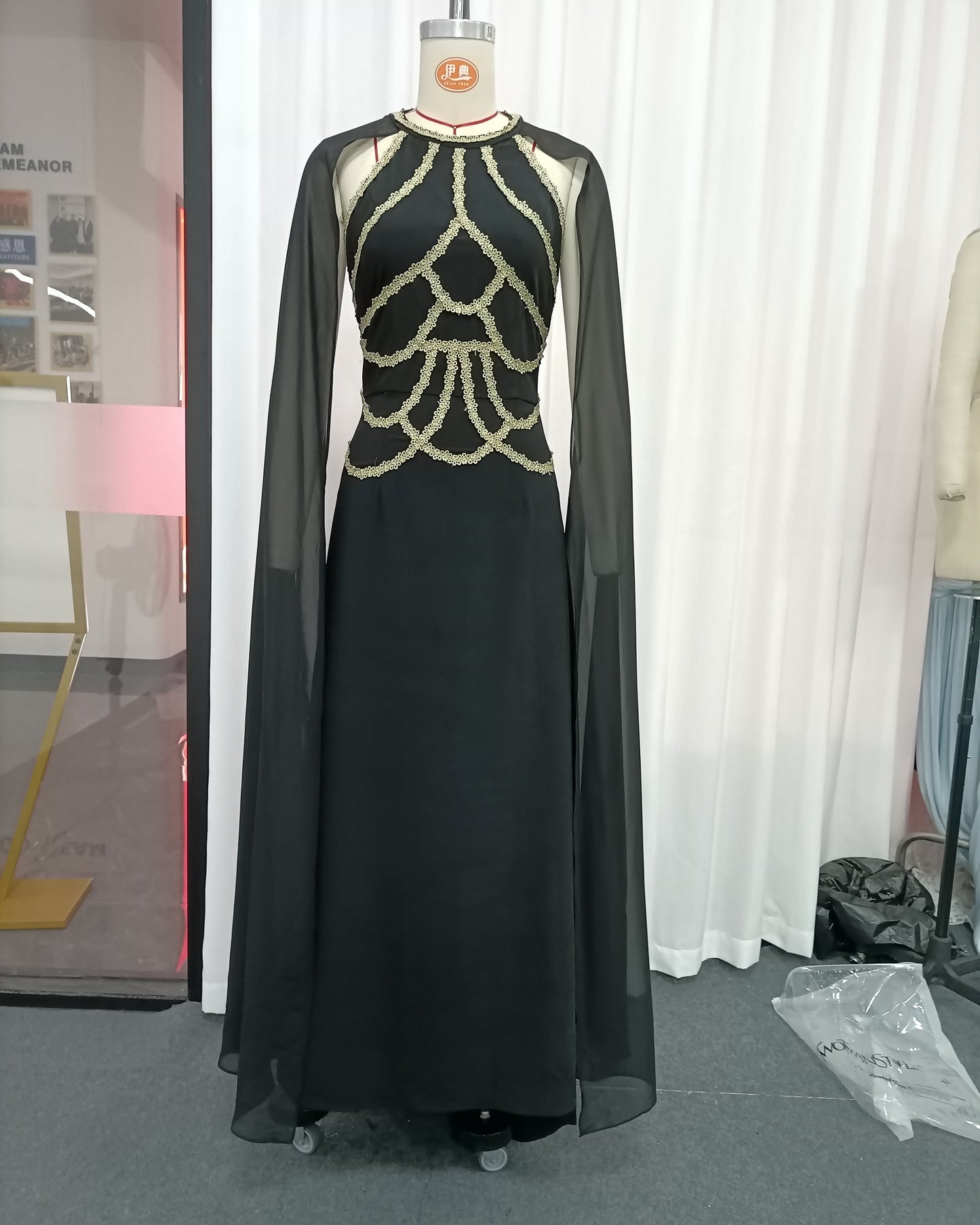 Black Gold Cape Elegant Maxi Dress