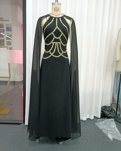 Black Gold Cape Elegant Maxi Dress