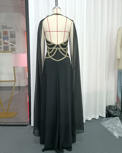 Black Gold Cape Elegant Maxi Dress