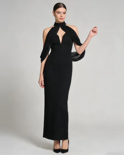 Black Halter Chiffon Sleeve Fitted Midi Dress
