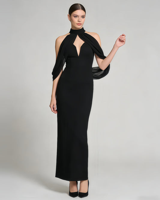 Black Halter Chiffon Sleeve Fitted Midi Dress
