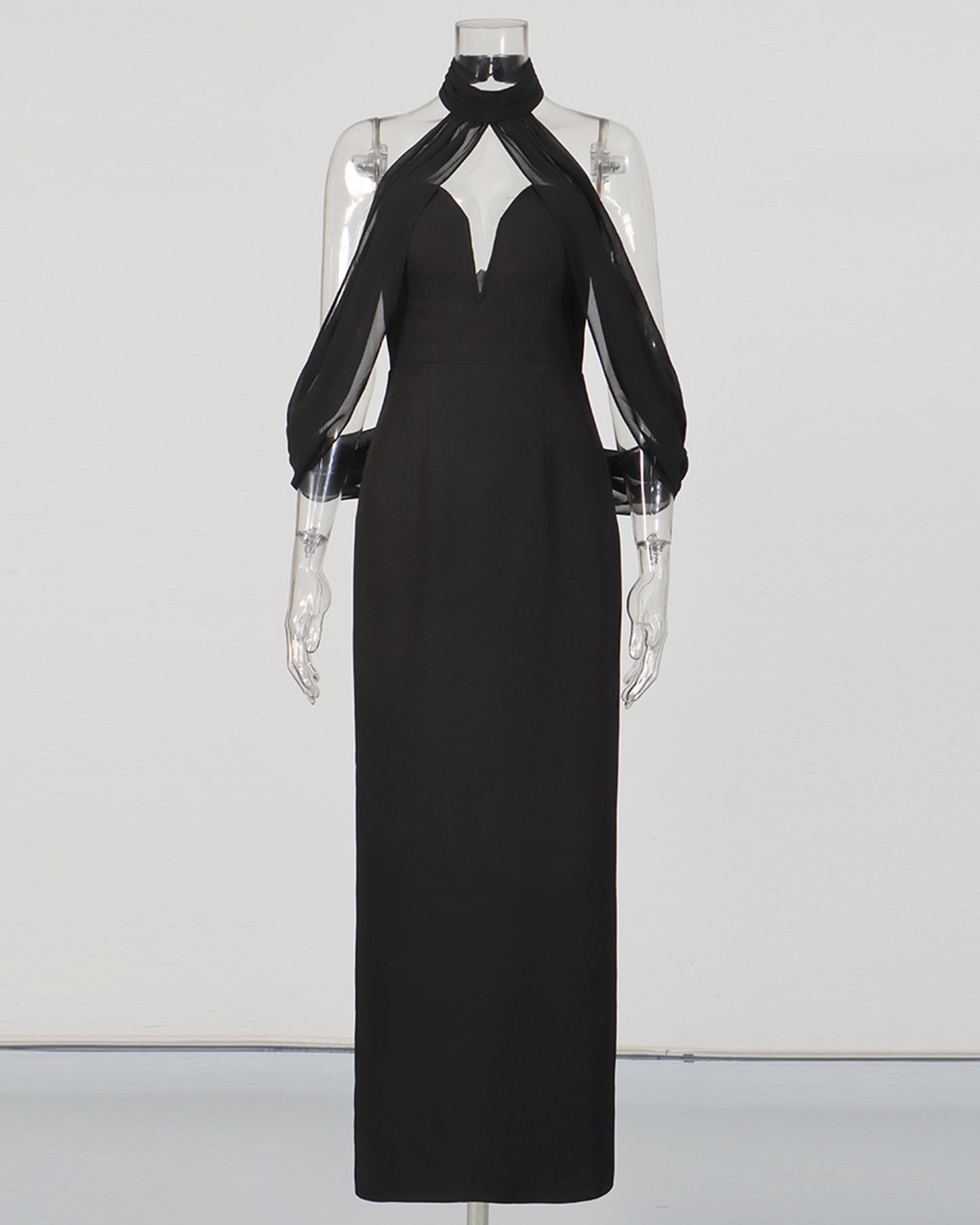 Black Halter Chiffon Sleeve Fitted Midi Dress