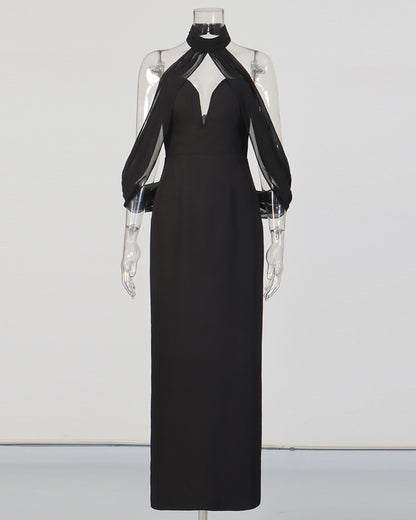 Black Halter Chiffon Sleeve Fitted Midi Dress
