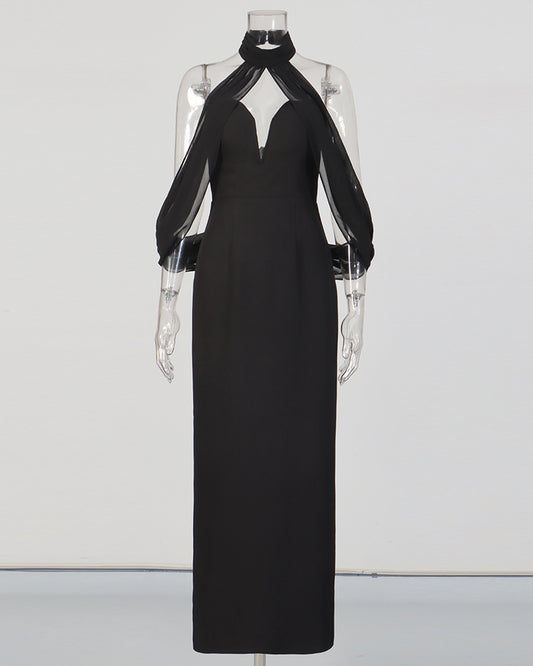 Black Halter Chiffon Sleeve Fitted Midi Dress