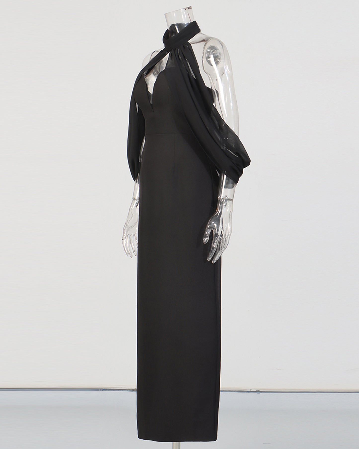 Black Halter Chiffon Sleeve Fitted Midi Dress