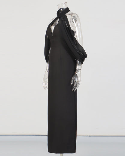 Black Halter Chiffon Sleeve Fitted Midi Dress